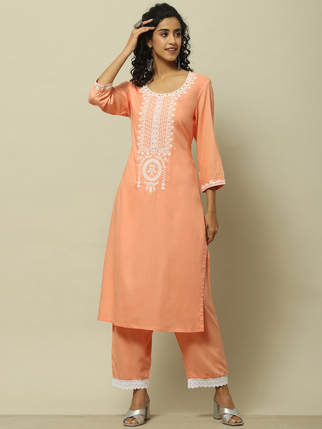 

Rangriti Floral Yoke Design Round Neck Thread Work Straight Kurta, Orange