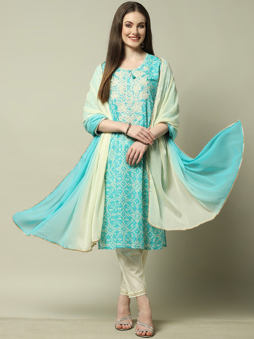 

Rangriti Women Ethnic Motifs Embroidered Regular Sequinned Kurta with Palazzos & With Dupatta, Turquoise blue