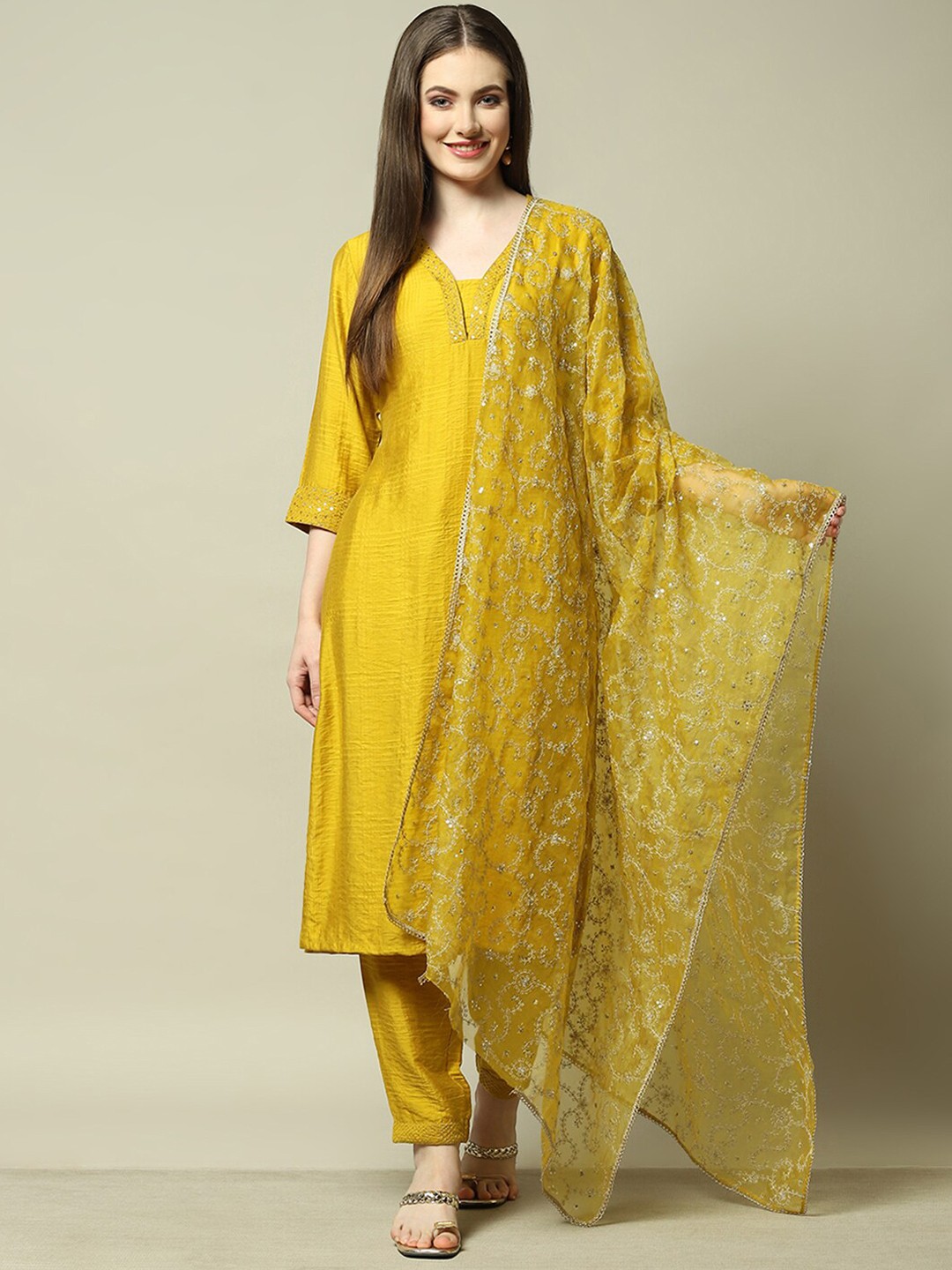 

Rangriti Women Embroidered Regular Sequinned Kurta with Trousers & With Dupatta, Yellow