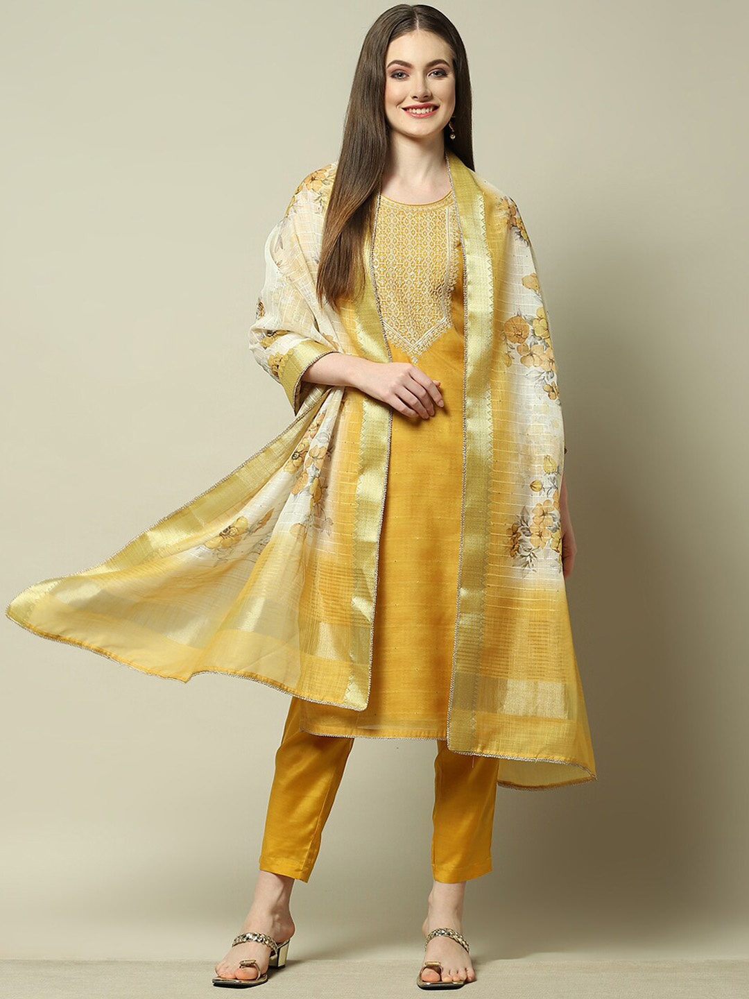 

Rangriti Women Ethnic Motifs Embroidered Regular Kurta with Trousers & With Dupatta, Yellow