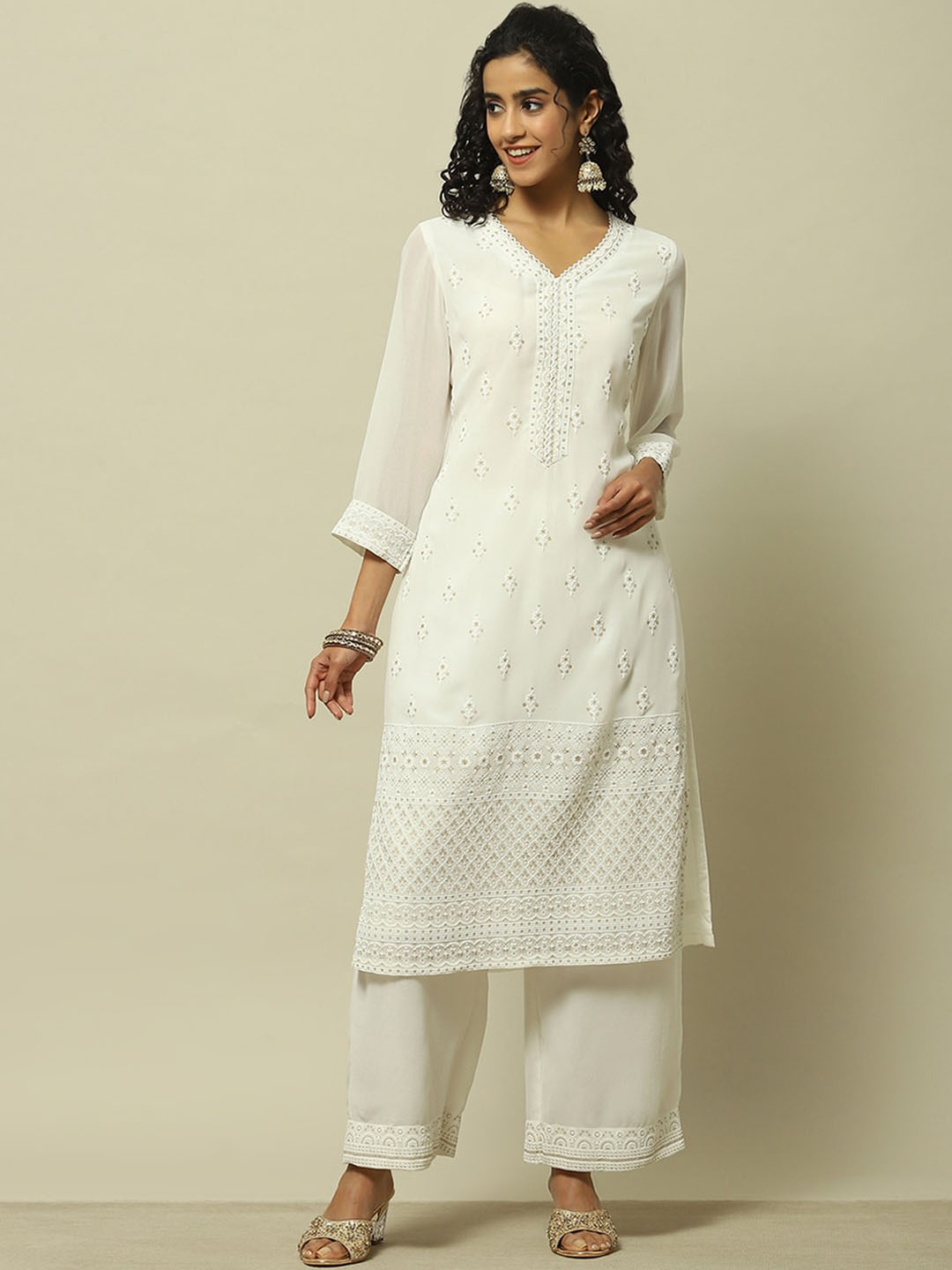 

Rangriti Embroidered Chikankari Straight Kurta, White