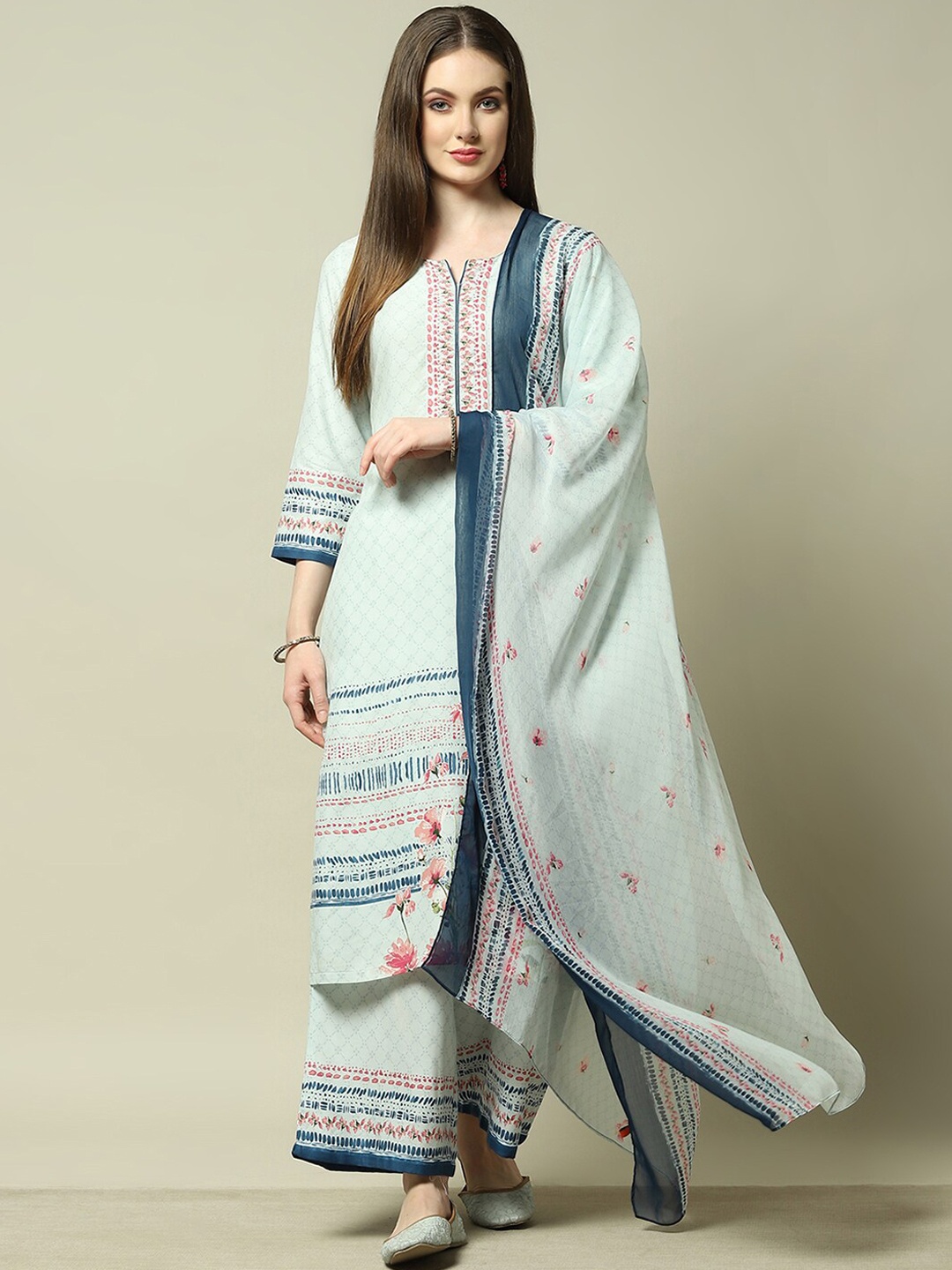 

Rangriti Women Floral Printed Regular Kurta with Palazzos & With Dupatta, Blue