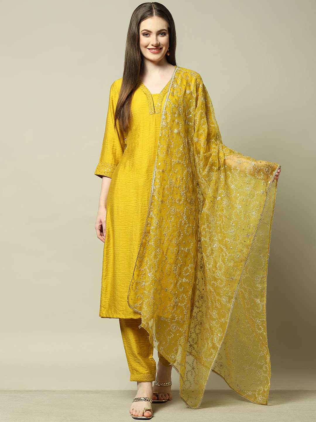 

Rangriti Women Ethnic Motifs Dyed Regular Thread Work Kurta with Palazzos & With Dupatta, Yellow