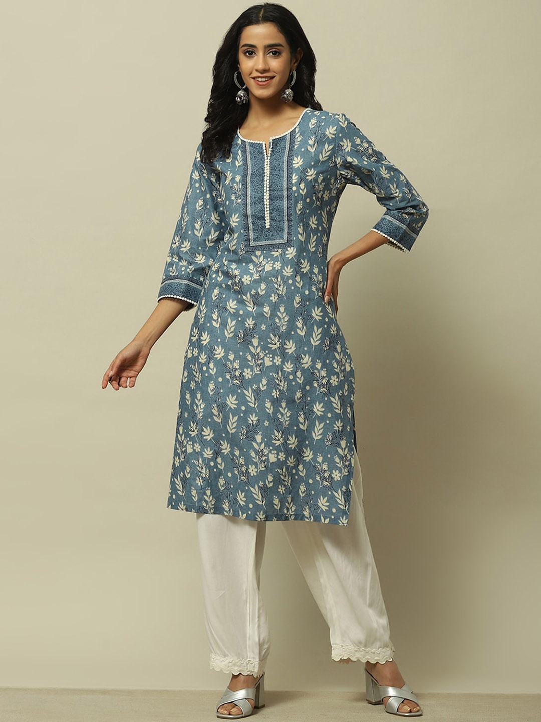 

Rangriti Ethnic Motifs Printed Chikankari Straight Kurta, Blue