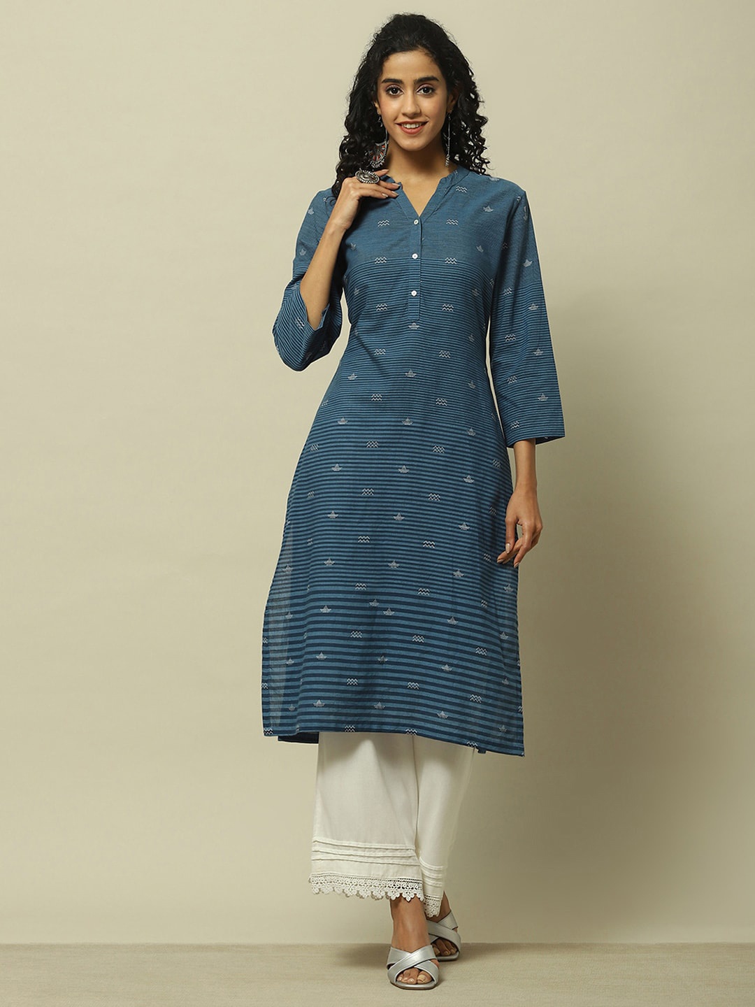 

Rangriti Striped Mandarin Collar Cotton Straight Kurta, Blue