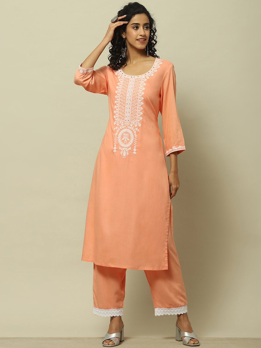 

Rangriti Floral Yoke Design Round Neck Thread Work Straight Kurta, Orange
