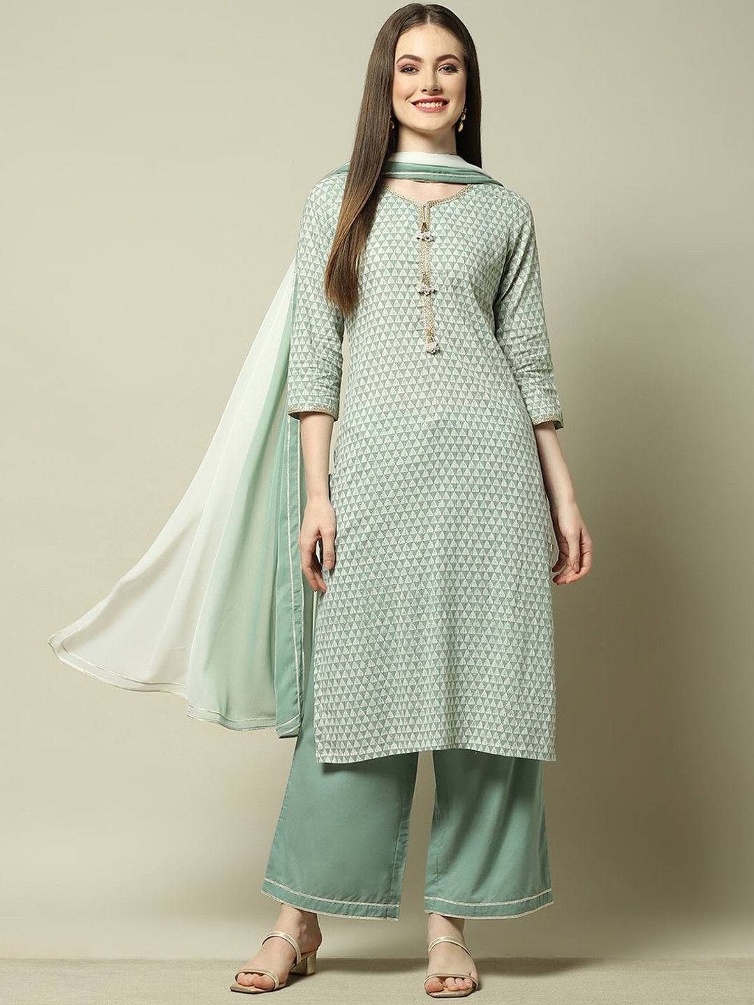 

Rangriti Women Printed Regular Kurta with Palazzos & With Dupatta, Green