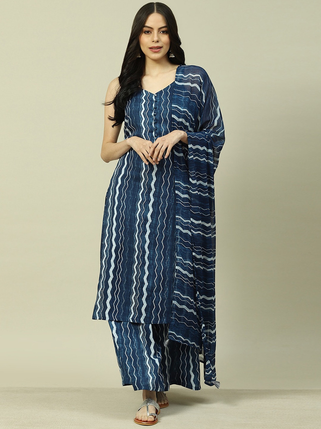 

Rangriti Women Printed Regular Kurta with Palazzos & With Dupatta, Blue