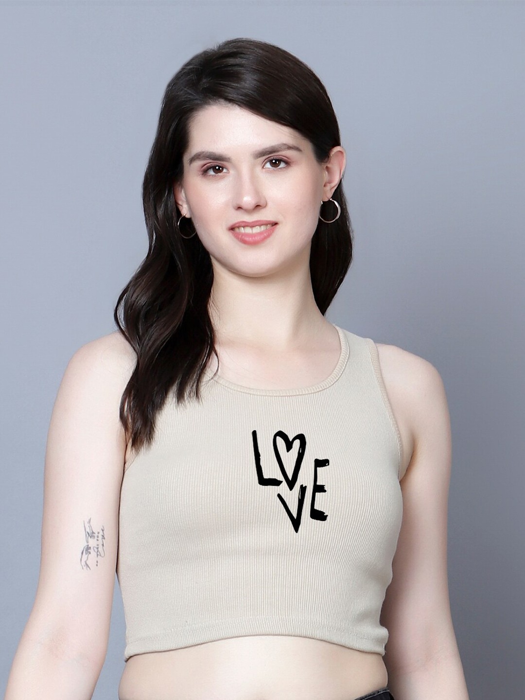 

Fashion And Youth Typography Printed Cotton Fitted Crop Top, Beige