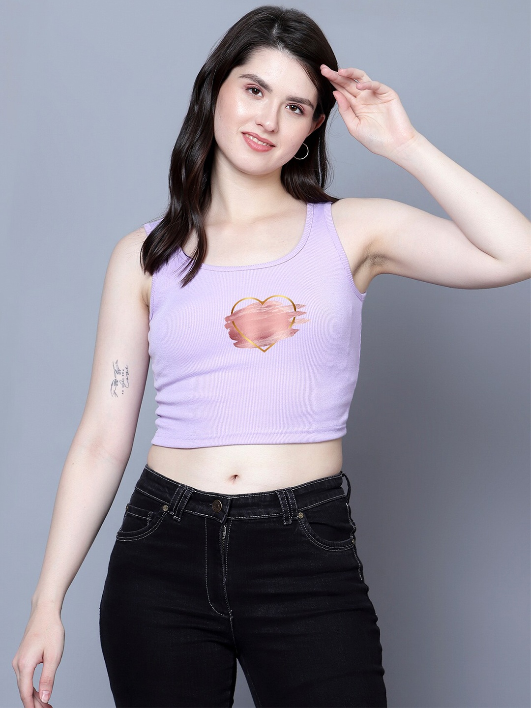 

Fashion And Youth Golden Heart Printed Ribbed Fitted Crop Top, Lavender