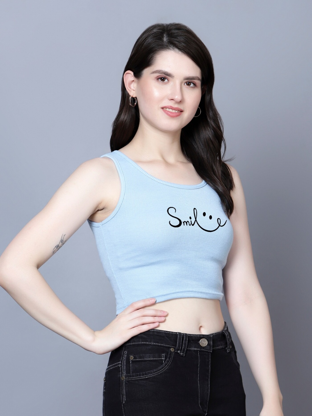 

Fashion And Youth Typographic Printed Sleeveless Fitted Crop Top, Turquoise blue