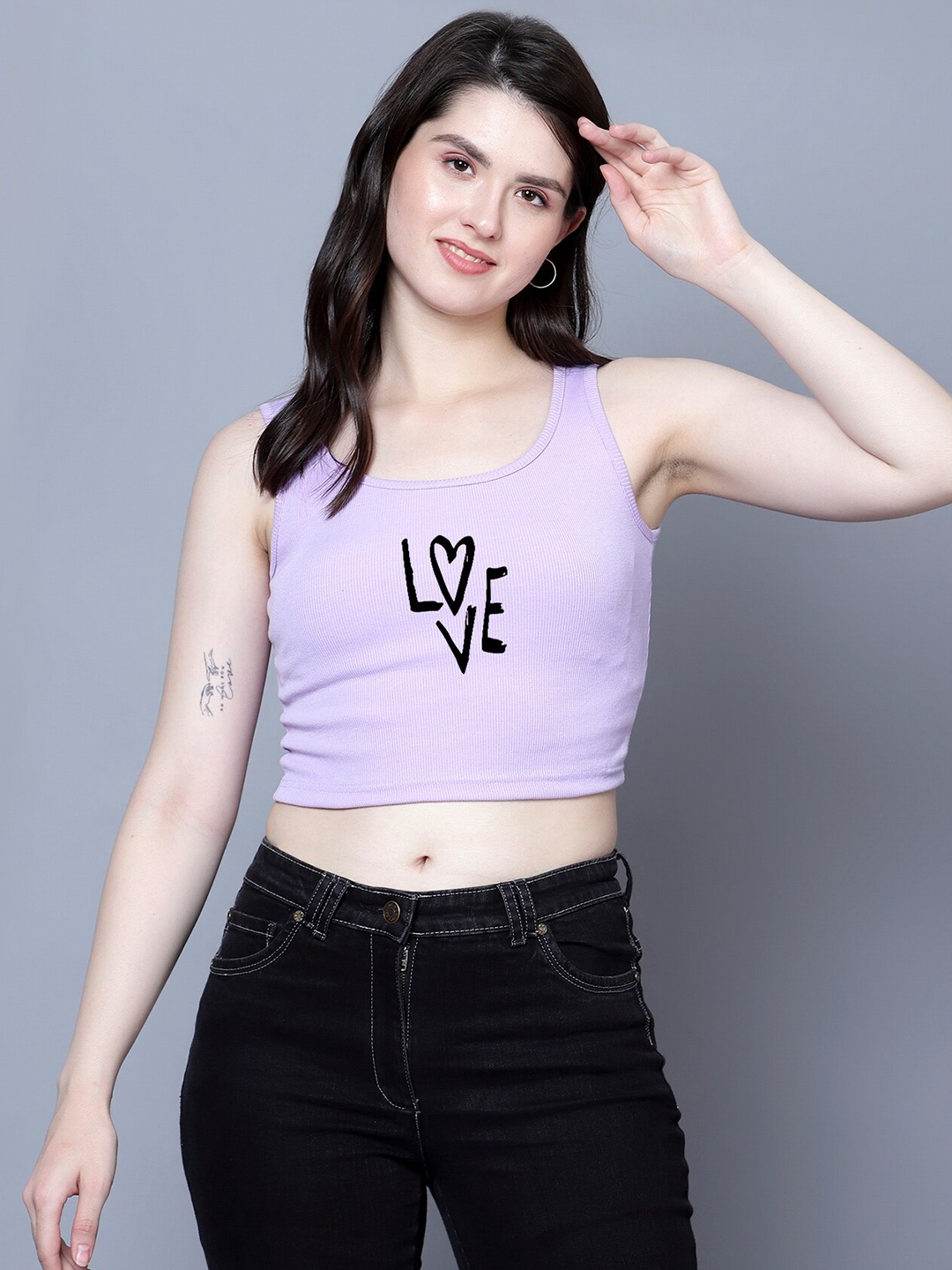 

Fashion And Youth Typography Printed Cotton Fitted Crop Top, Lavender