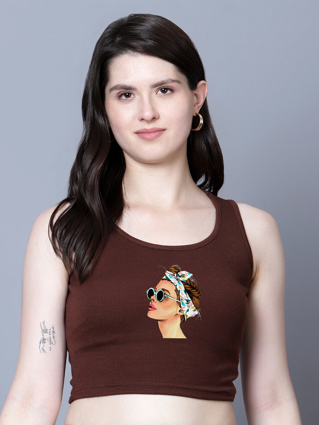 

Fashion And Youth Graphic Printed Fitted Top, Coffee brown