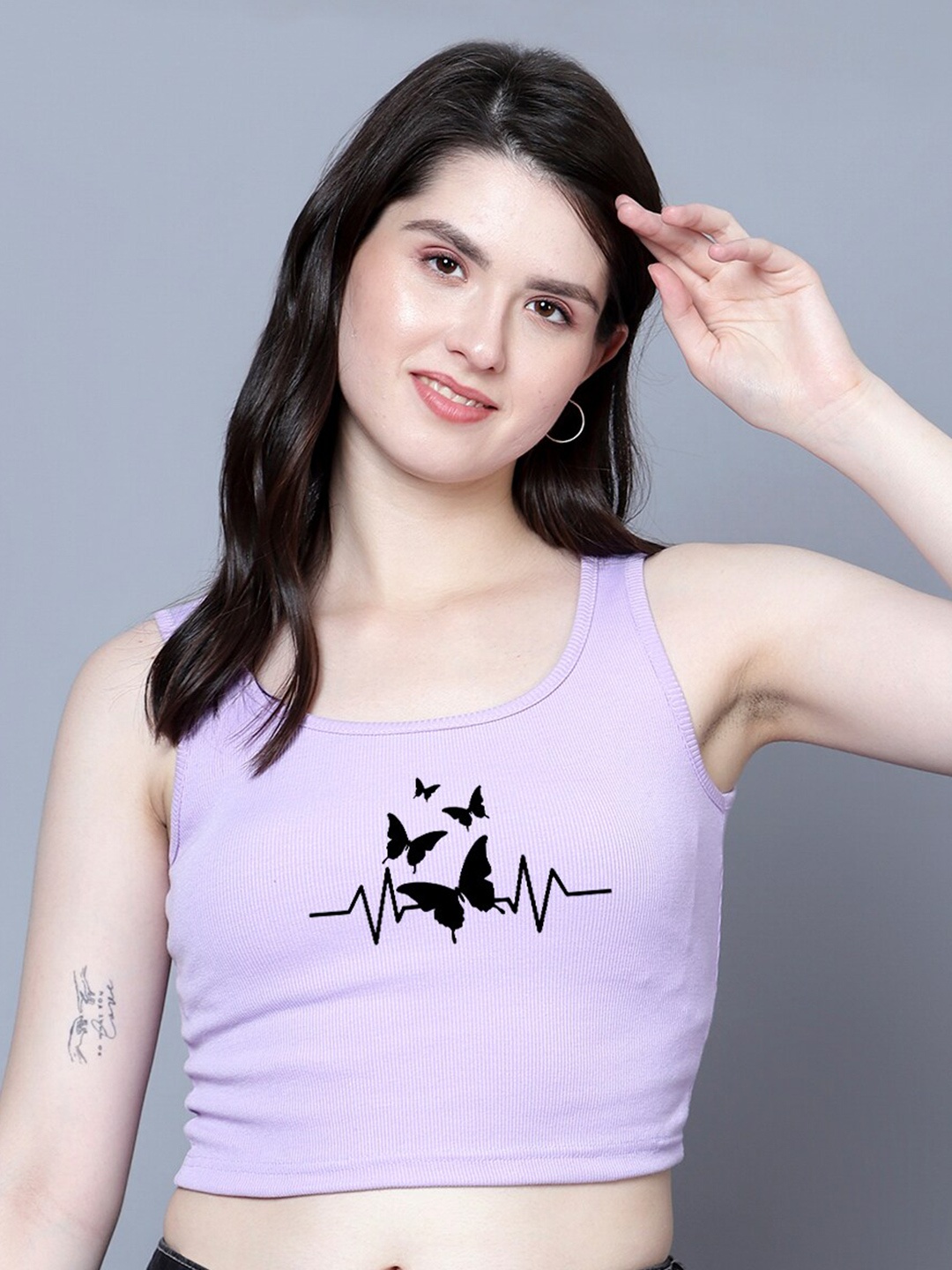 

Fashion And Youth Graphic Printed Sleeveless Fitted Crop Top, Lavender