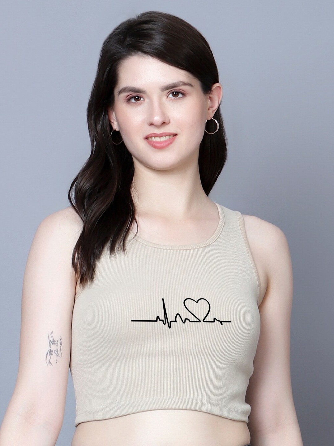 

Fashion And Youth Graphic Printed Round Neck Sleeveless Fitted Crop Top, Beige
