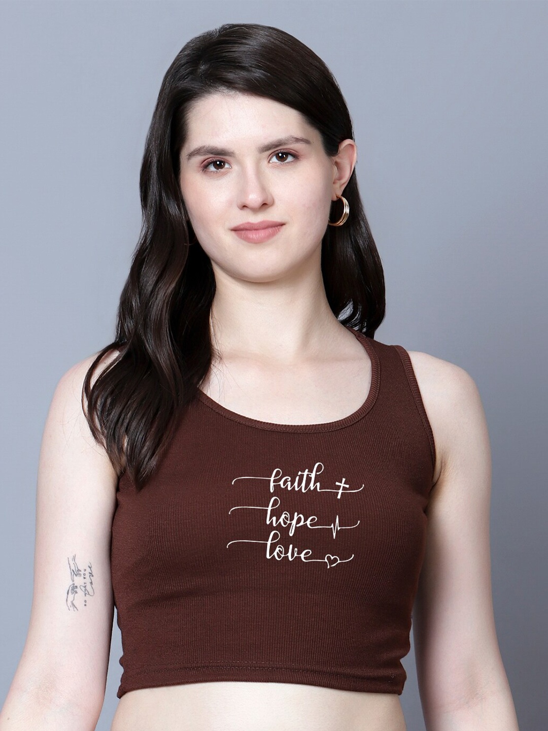 

Fashion And Youth Round Neck Crop Top, Coffee brown