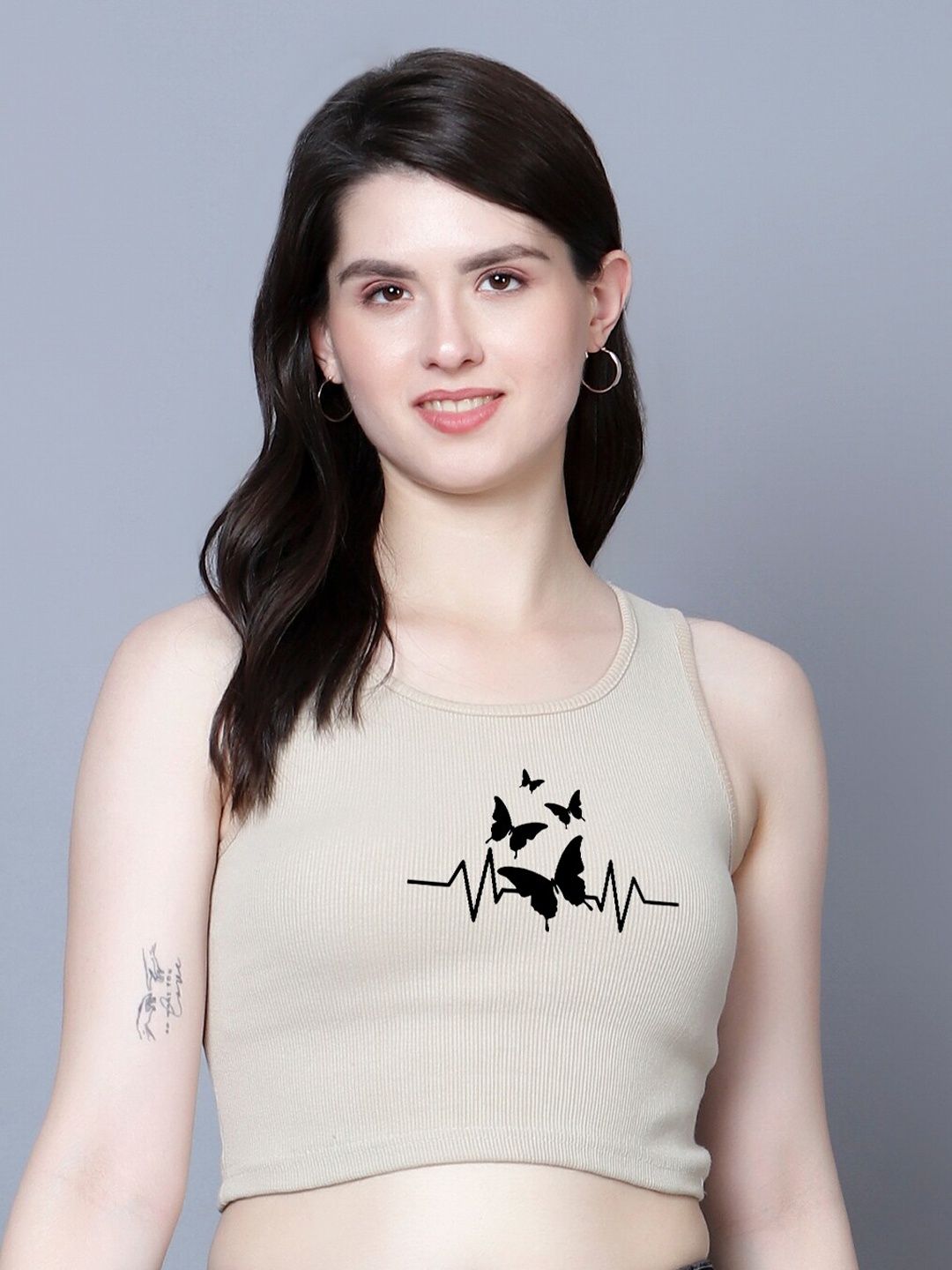 

Fashion And Youth Graphic Printed Round Neck Sleeveless Cotton Crop Top, Beige
