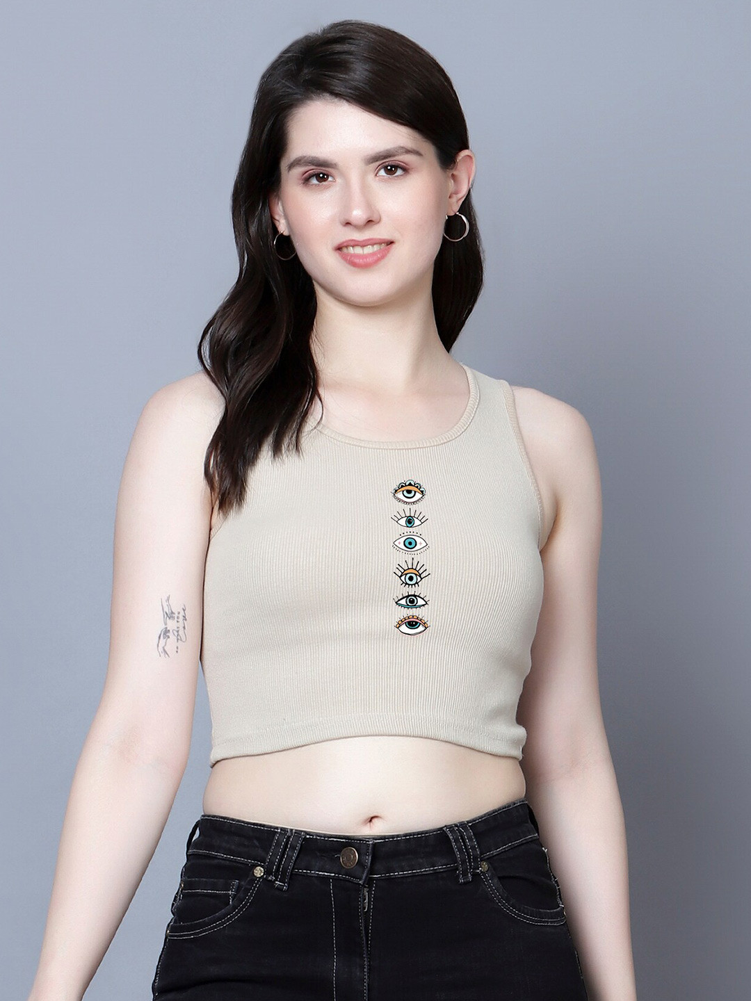 

Fashion And Youth Graphic Printed Round Neck Fitted Crop Top, Beige