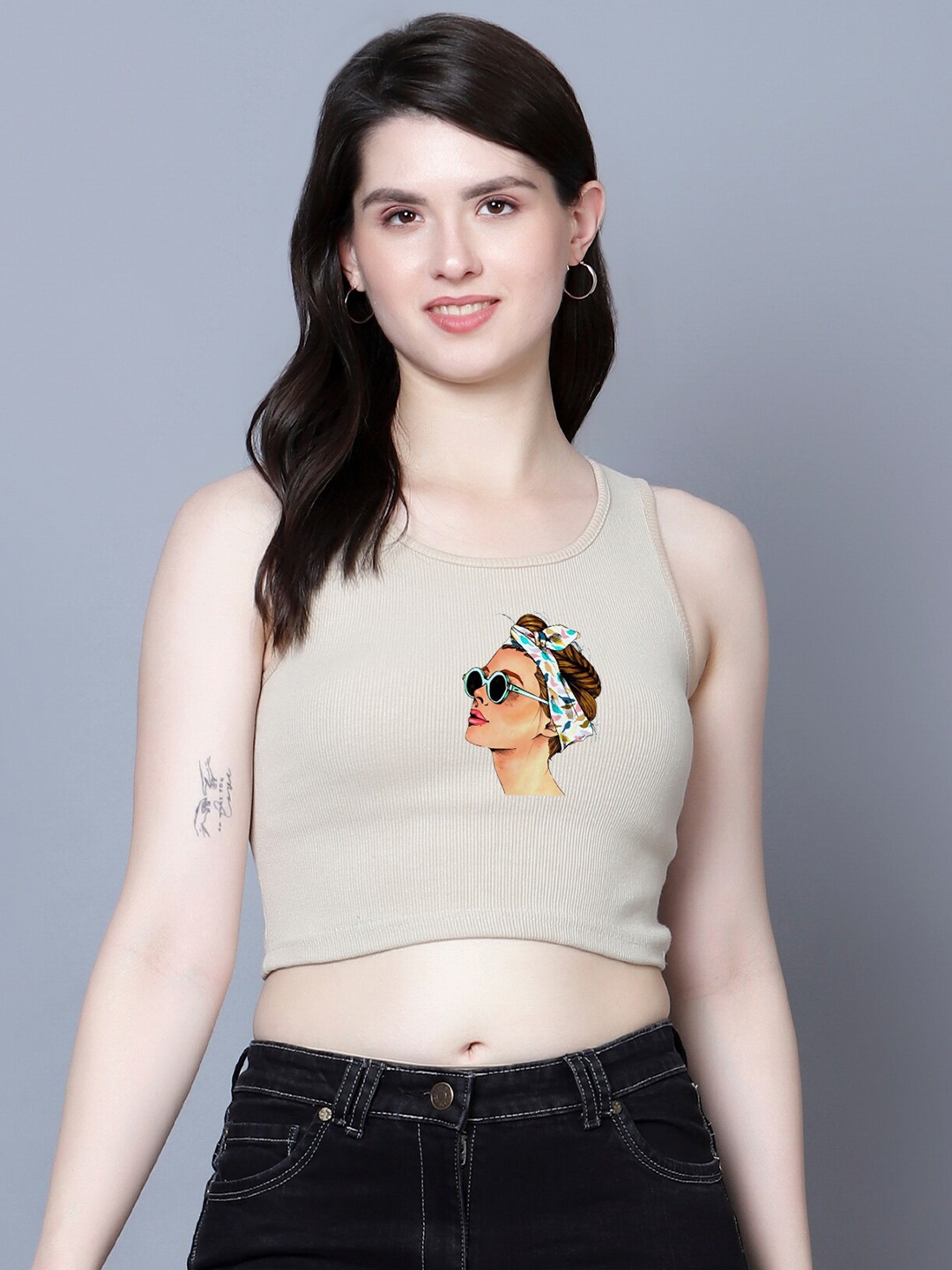 

Fashion And Youth Graphic Printed Sleeveless Crop Top, Beige