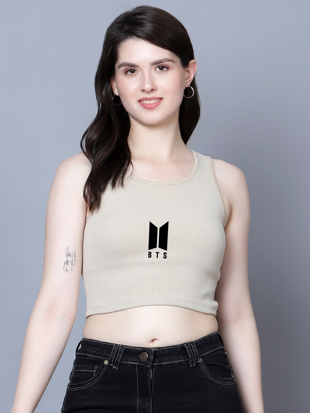 

Fashion And Youth Striped Printed Round Neck Sleeveless Styled Back Crop Top, Beige