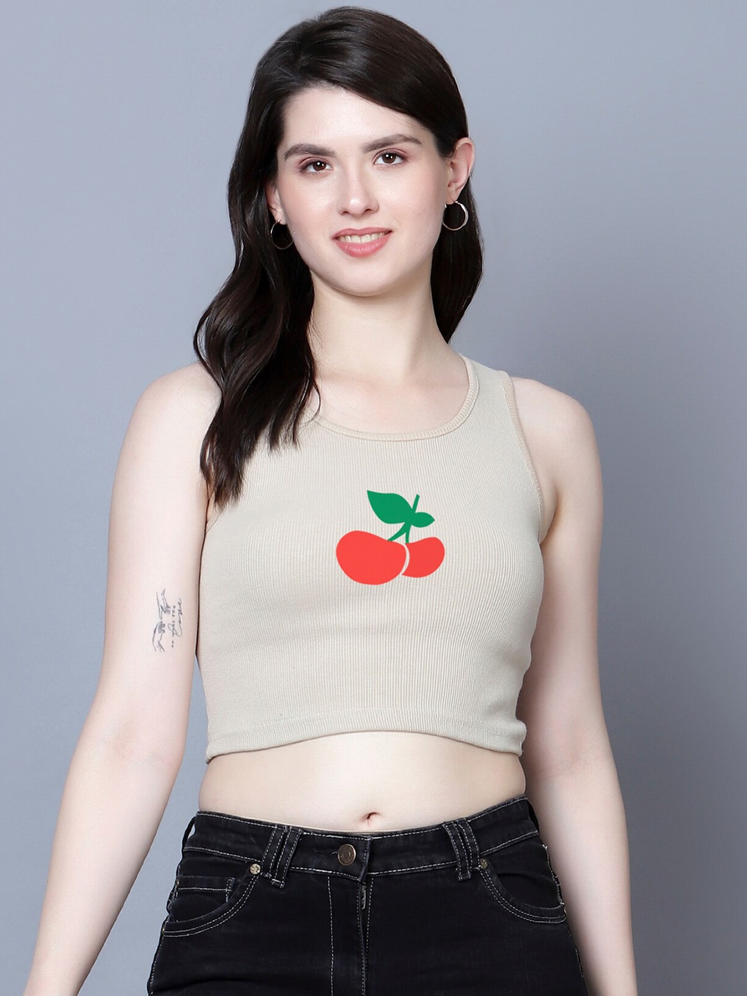 

Fashion And Youth Round Neck Sleeveless Crop Top, Beige