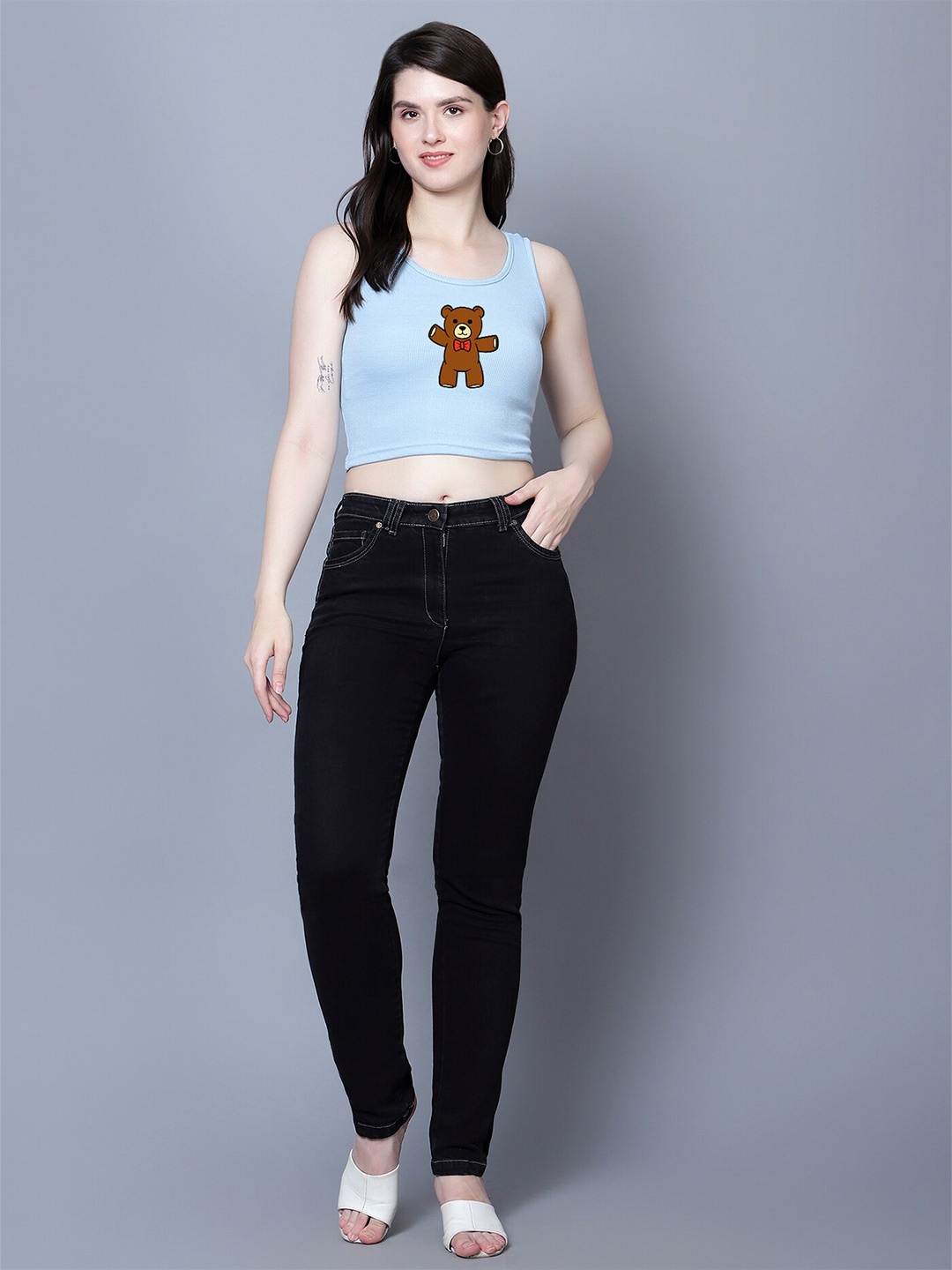 

Fashion And Youth Graphic Printed Round Neck Sleeveless Fitted Crop Top, Turquoise blue