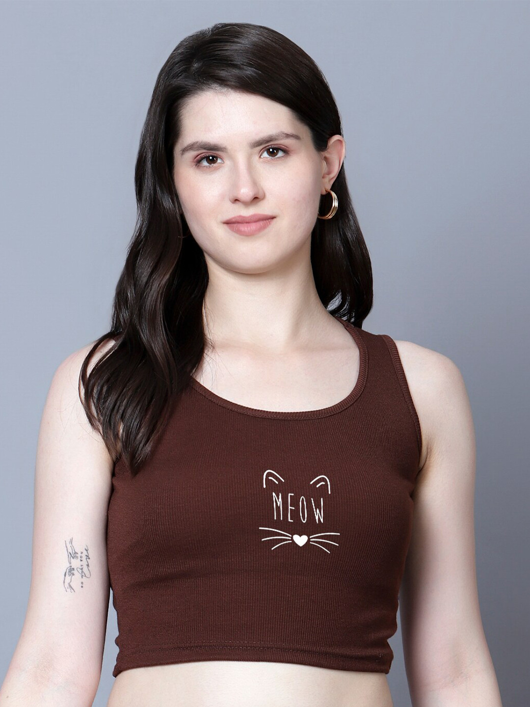 

Fashion And Youth Round Neck Sleeveless Crop Tank Top, Coffee brown