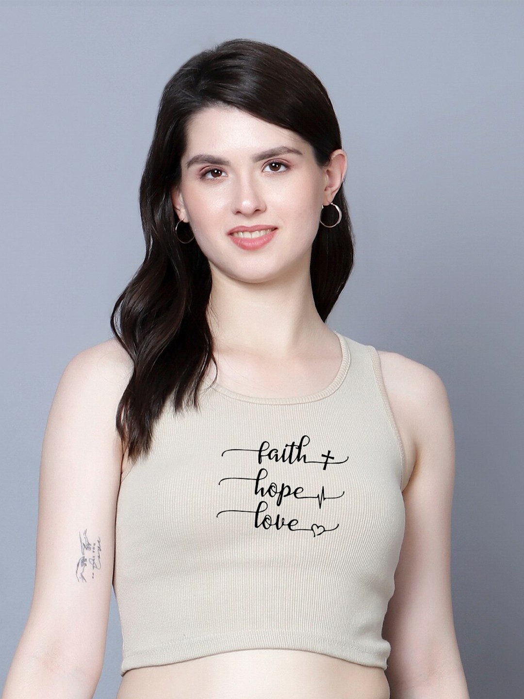 

Fashion And Youth Typography Printed Sleeveless Fitted Crop Top, Beige