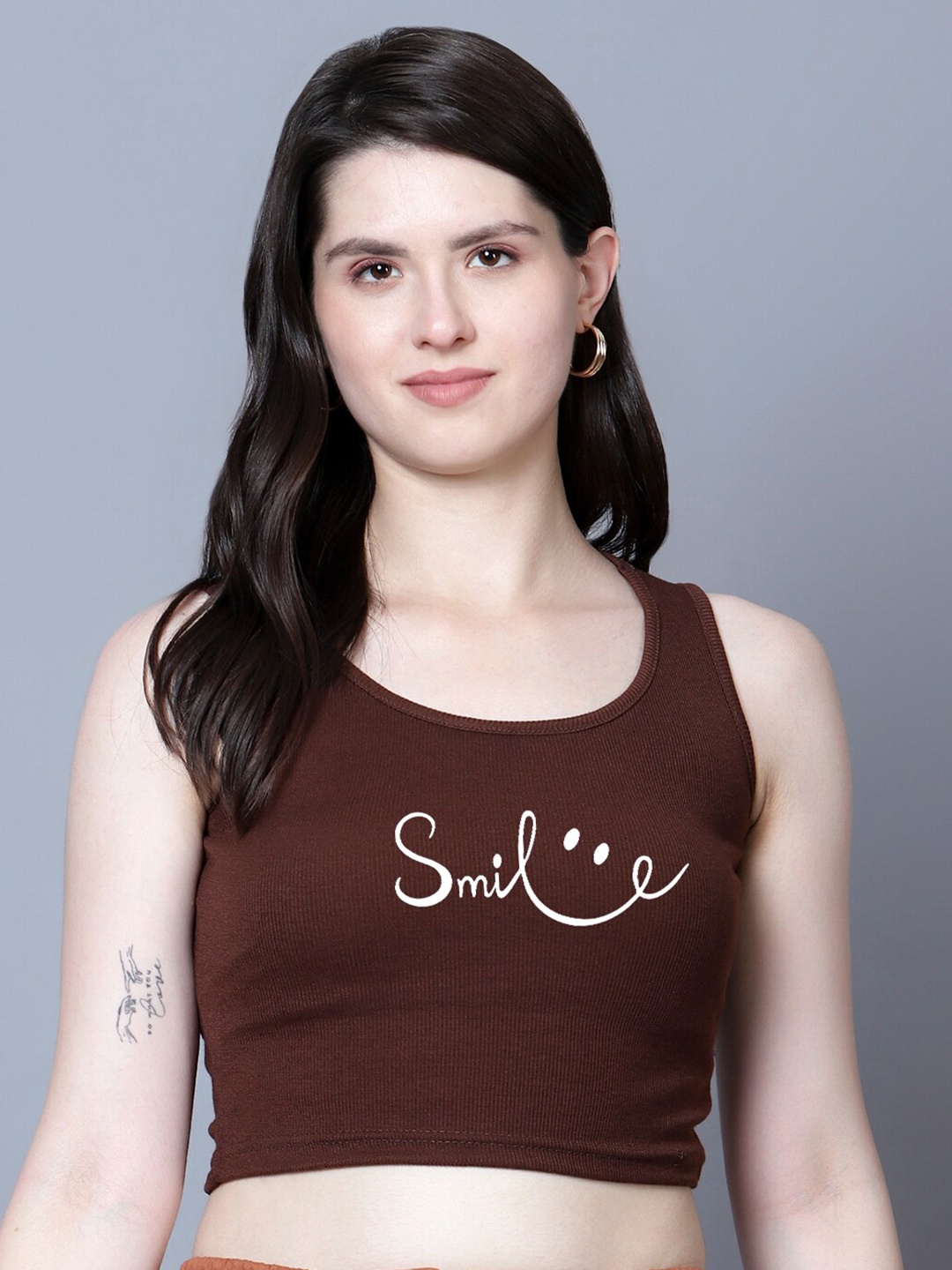 

Fashion And Youth Typography Printed Sleeveless Fitted Crop Top, Coffee brown