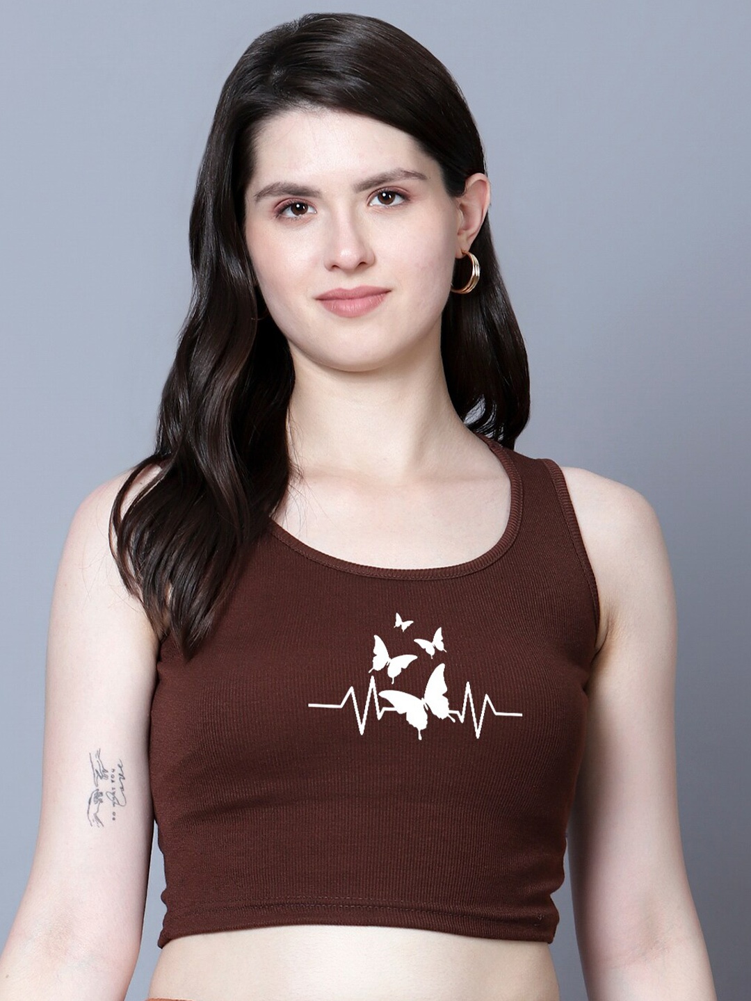 

Fashion And Youth Printed Crop Tank Top, Coffee brown