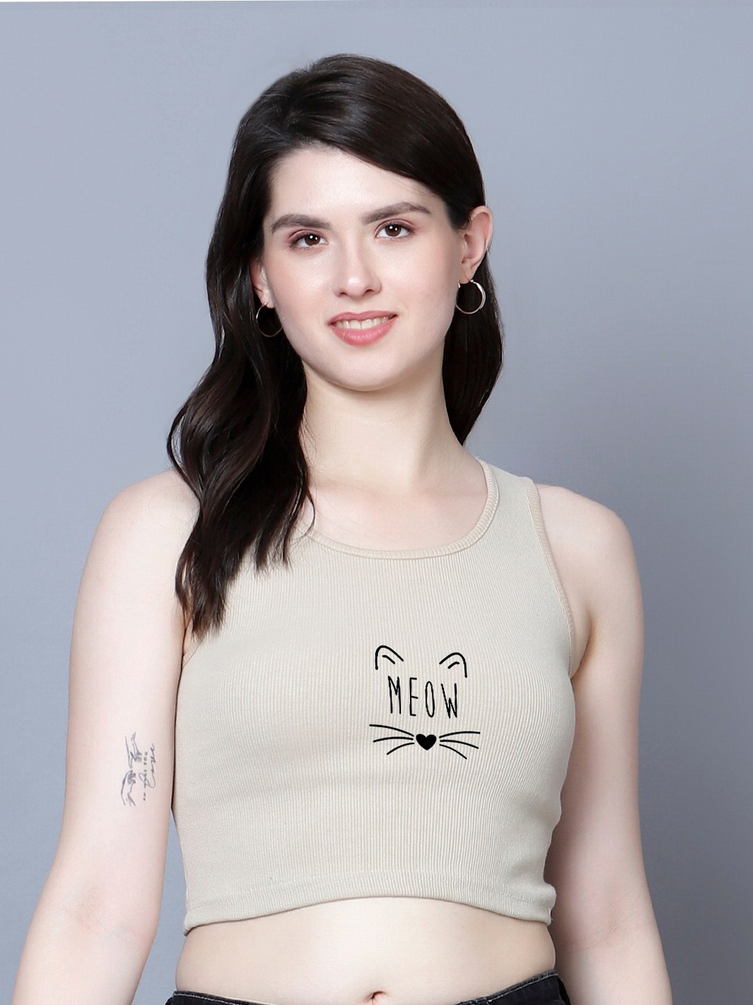 

Fashion And Youth Meow Printed Ribbed Fitted Crop Top, Beige