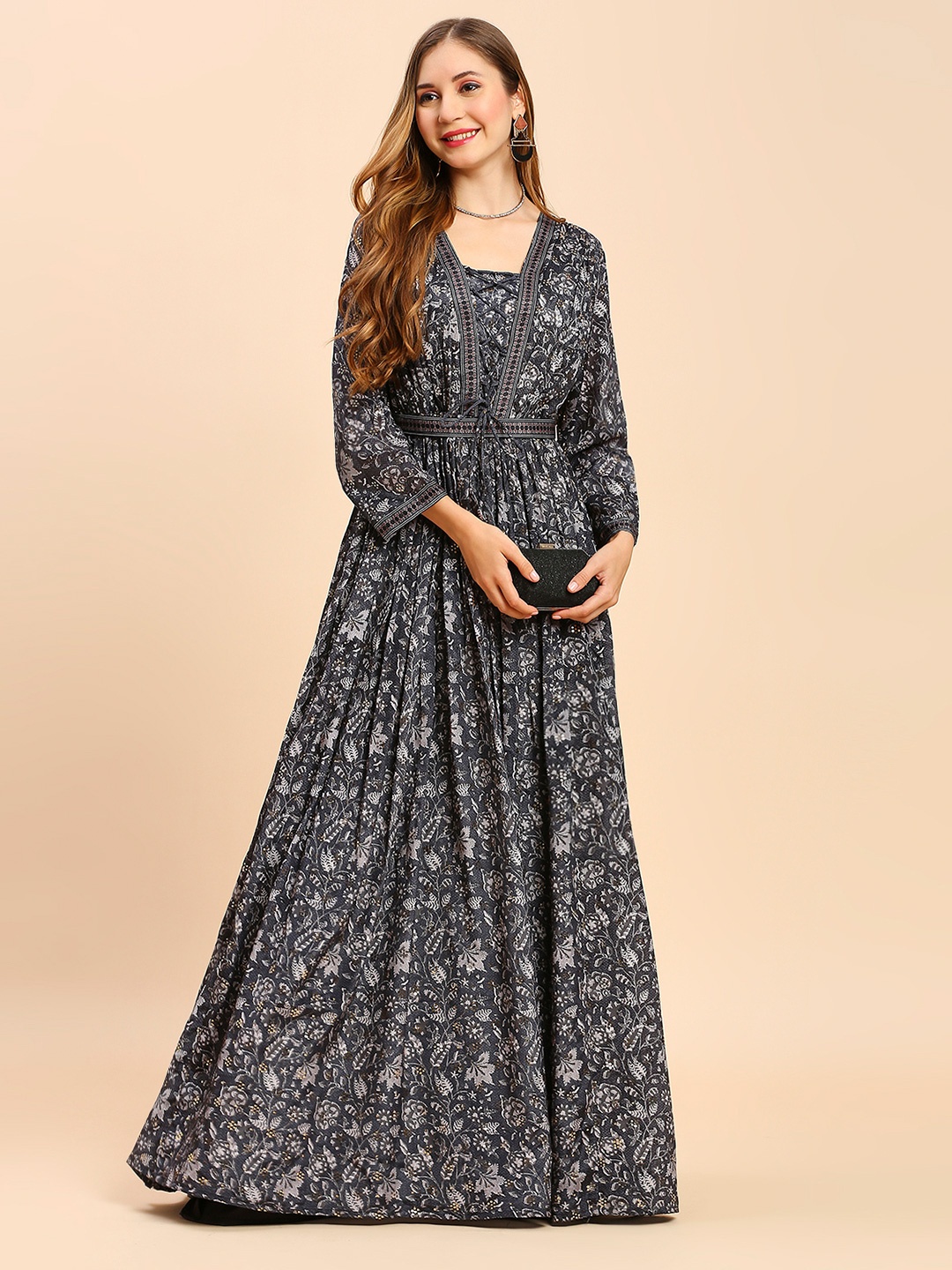 

MADHURAM Floral Printed Maxi Dress, Black