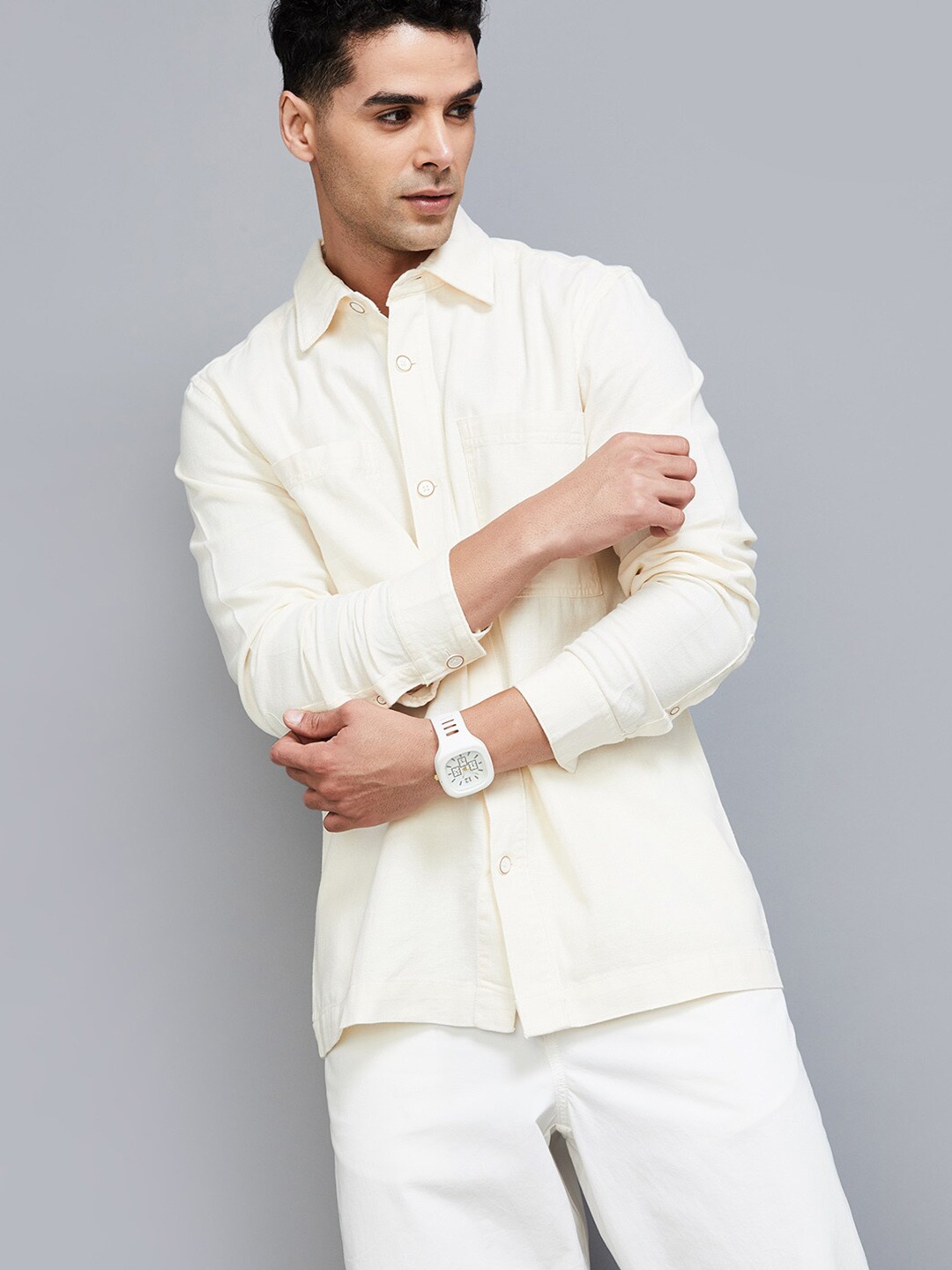

CODE by Lifestyle Spread Collar Cotton Linen Casual Shirt, Beige