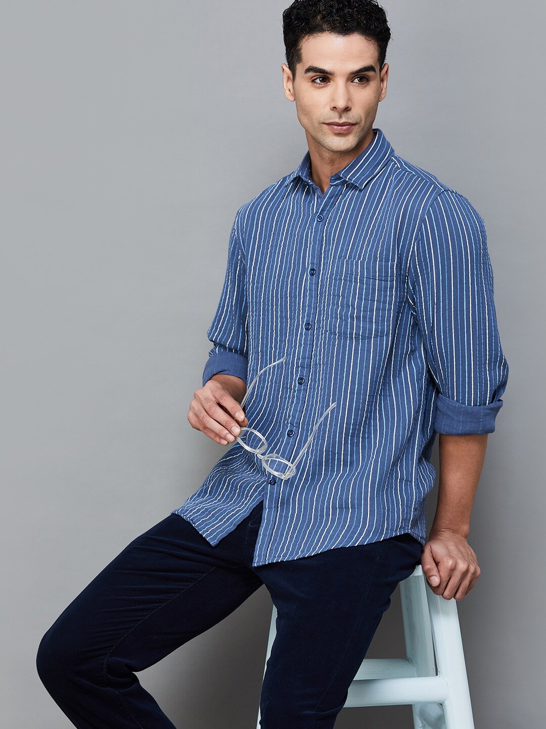 

CODE by Lifestyle Vertical Striped Cotton Casual Shirt, Blue