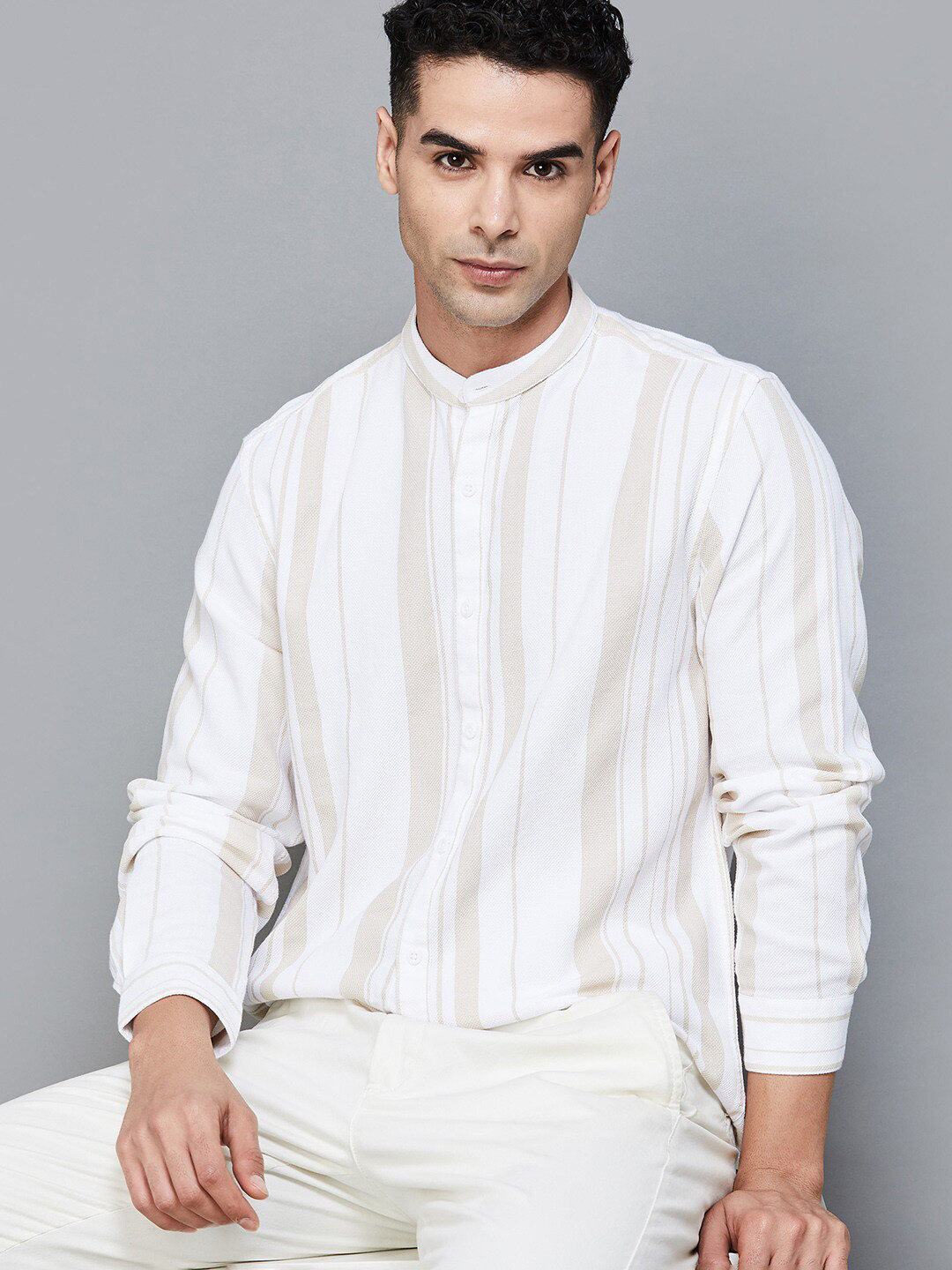 

CODE by Lifestyle Vertical Striped Mandarin Collar Cotton Casual Shirt, Beige
