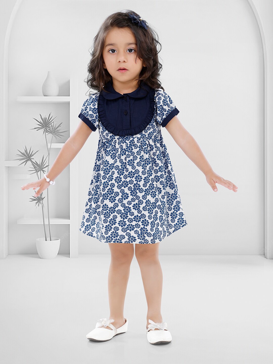 

Nino Bambino Floral Printed Shirt Collar Organic Cotton A-Line Dress, Blue