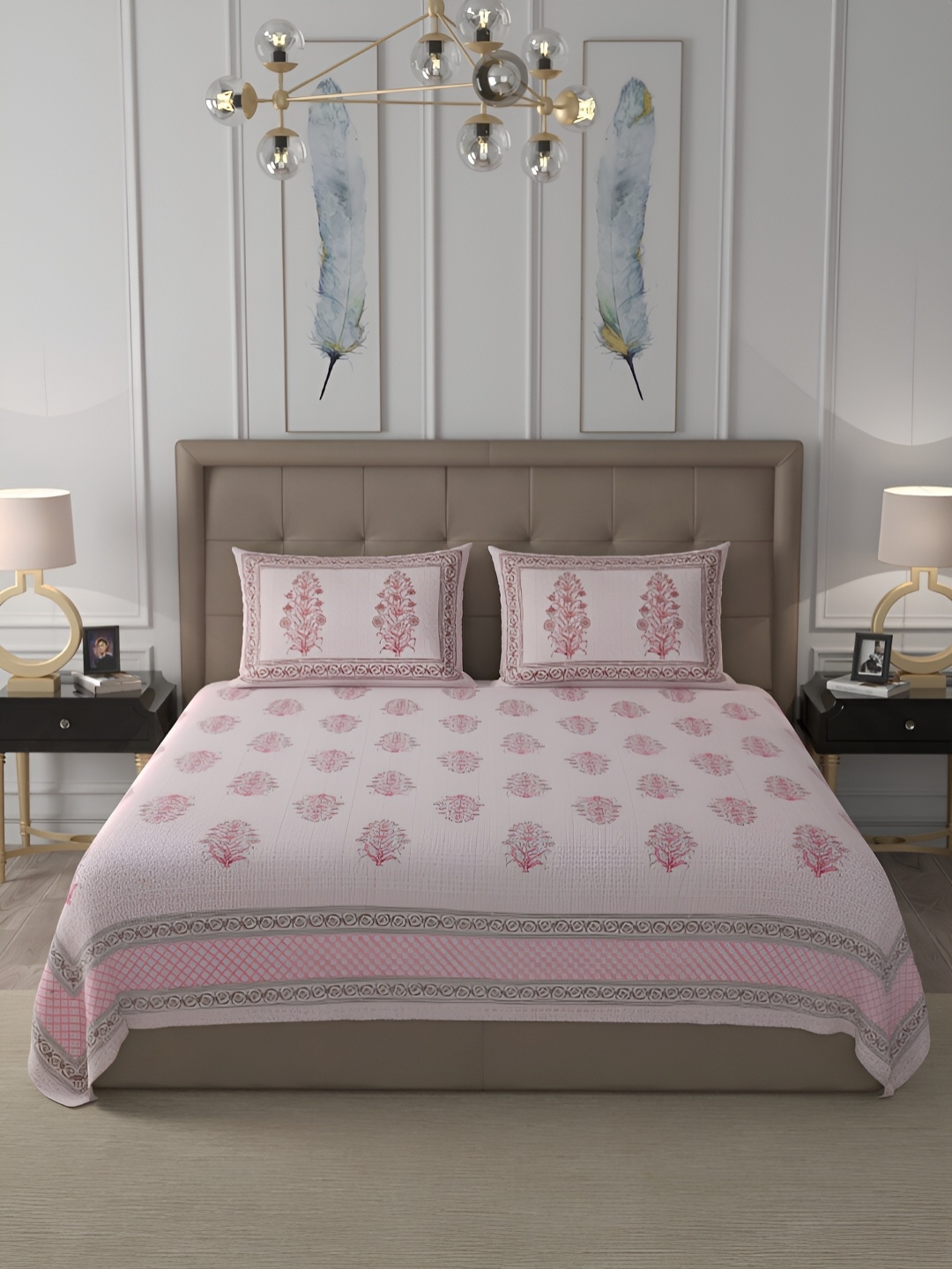 

Veshviti White & Pink Ethnic Motifs 120 TC Queen Bedsheet with Pillow Covers