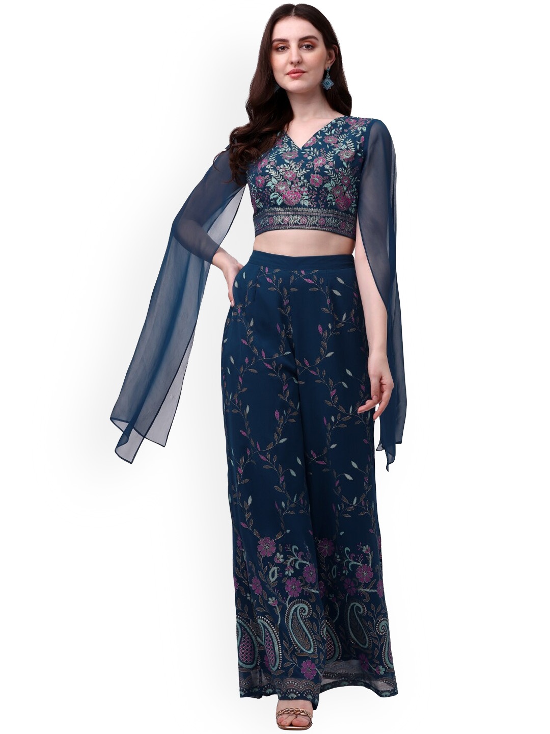 

FAB GALAXY Floral Printed V-Neck Top With Flared Palazzos, Navy blue