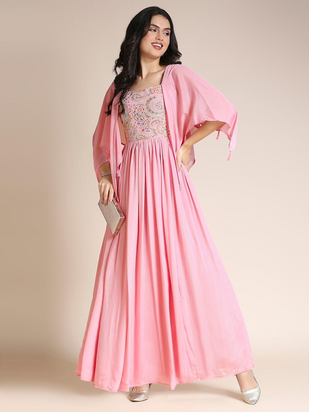 

MADHURAM Sweetheart Neck Flared Sleeves Chiffon Maxi Dress, Pink