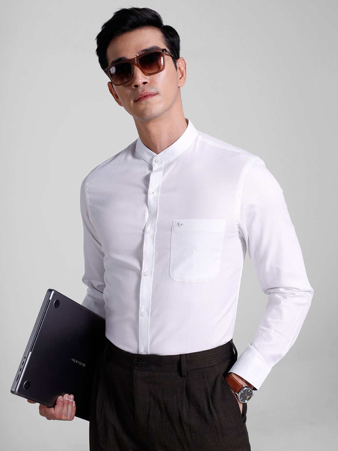 

INVICTUS Slim Fit Self Design Textured Band Collar Pure Cotton Formal Shirt, White