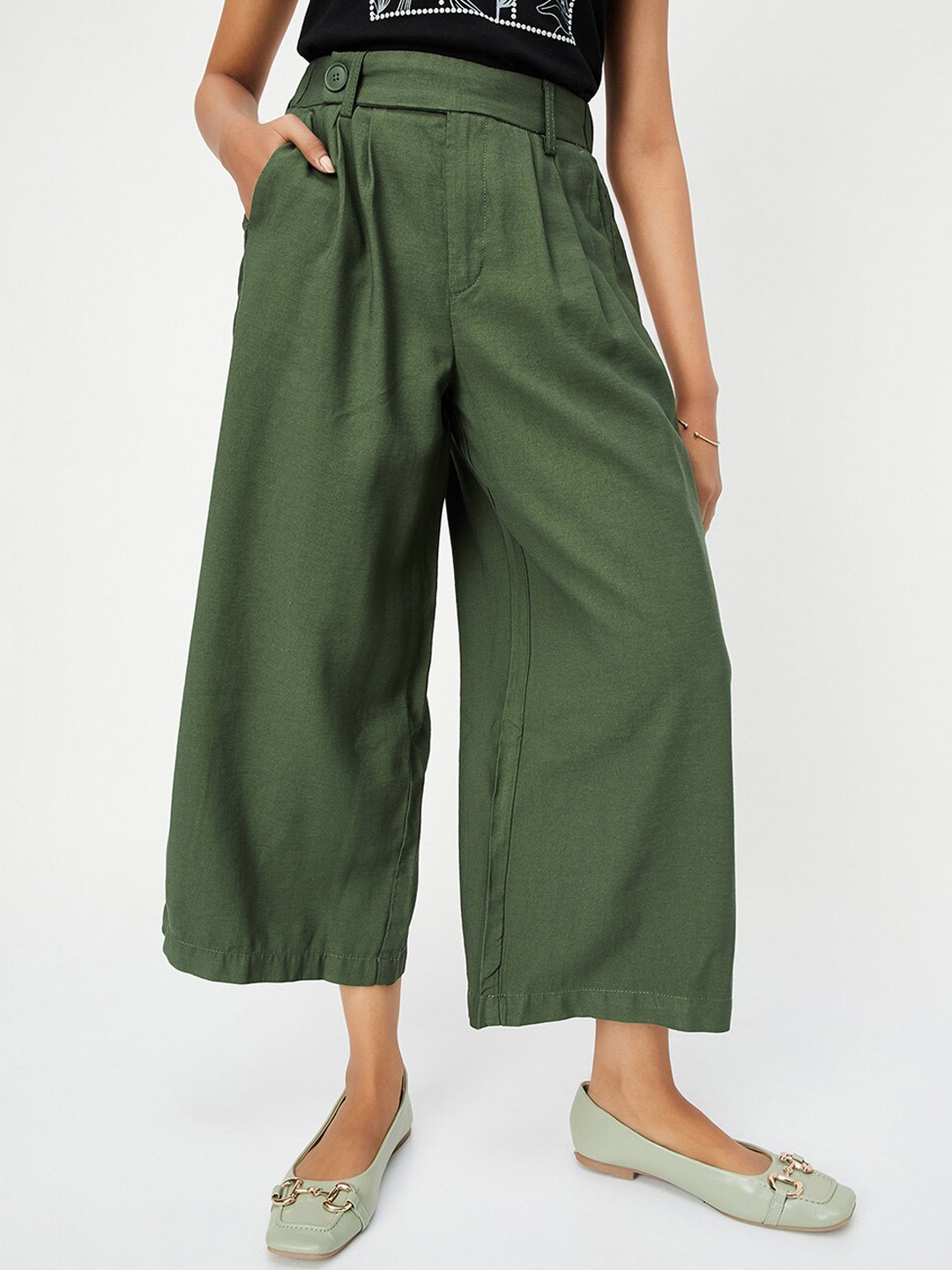 

max Women Pleated Mid-Rise Cotton Regular Trouser, Olive