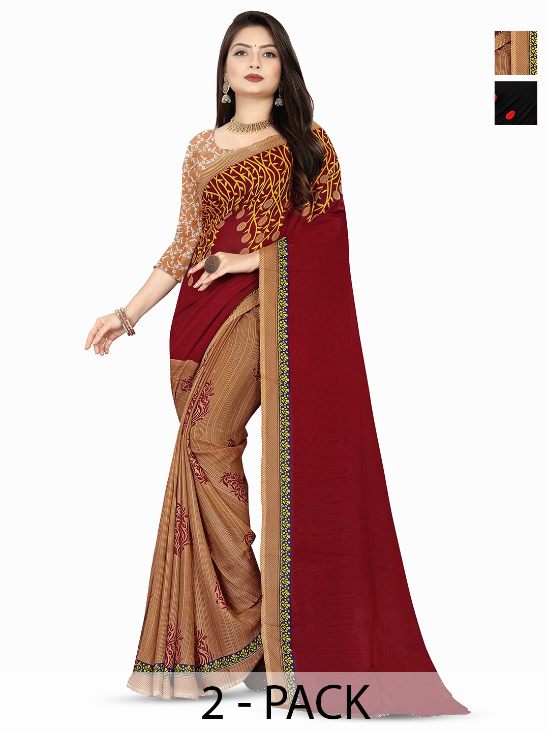 

ANAND SAREES Printed Polka Dot Poly Georgette Half and Half Saree, Red