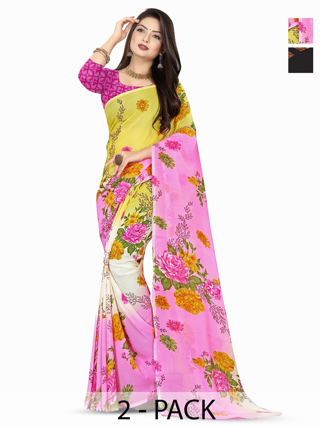 

ANAND SAREES Pack Of 2 Floral Poly Georgette Saree, Black