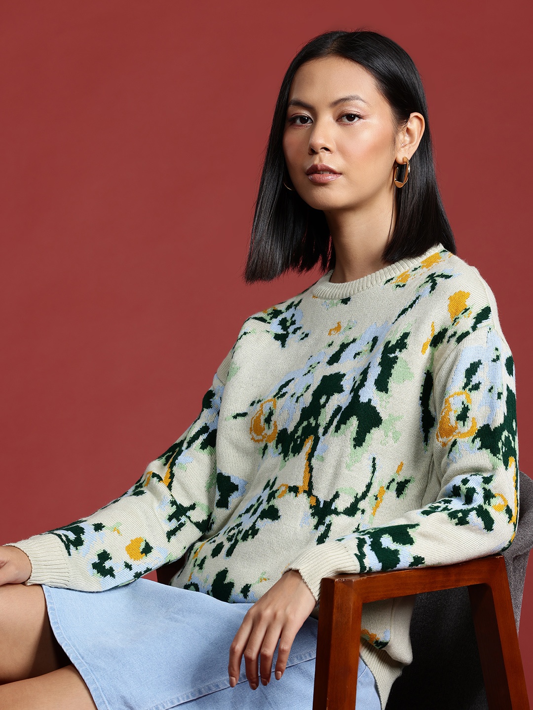 

all about you Acrylic Abstract Self Design Pullover, Off white