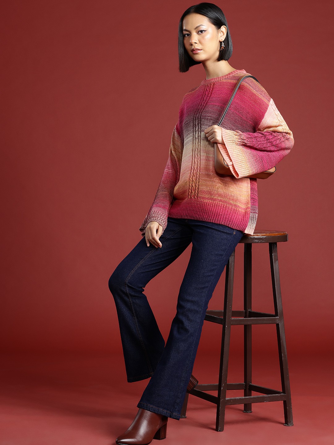 

all about you Cable Knit Flared Sleeves Pullover, Pink