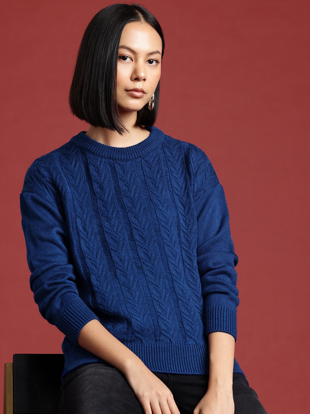 

all about you Cable Knit Self-Design Pullover, Blue