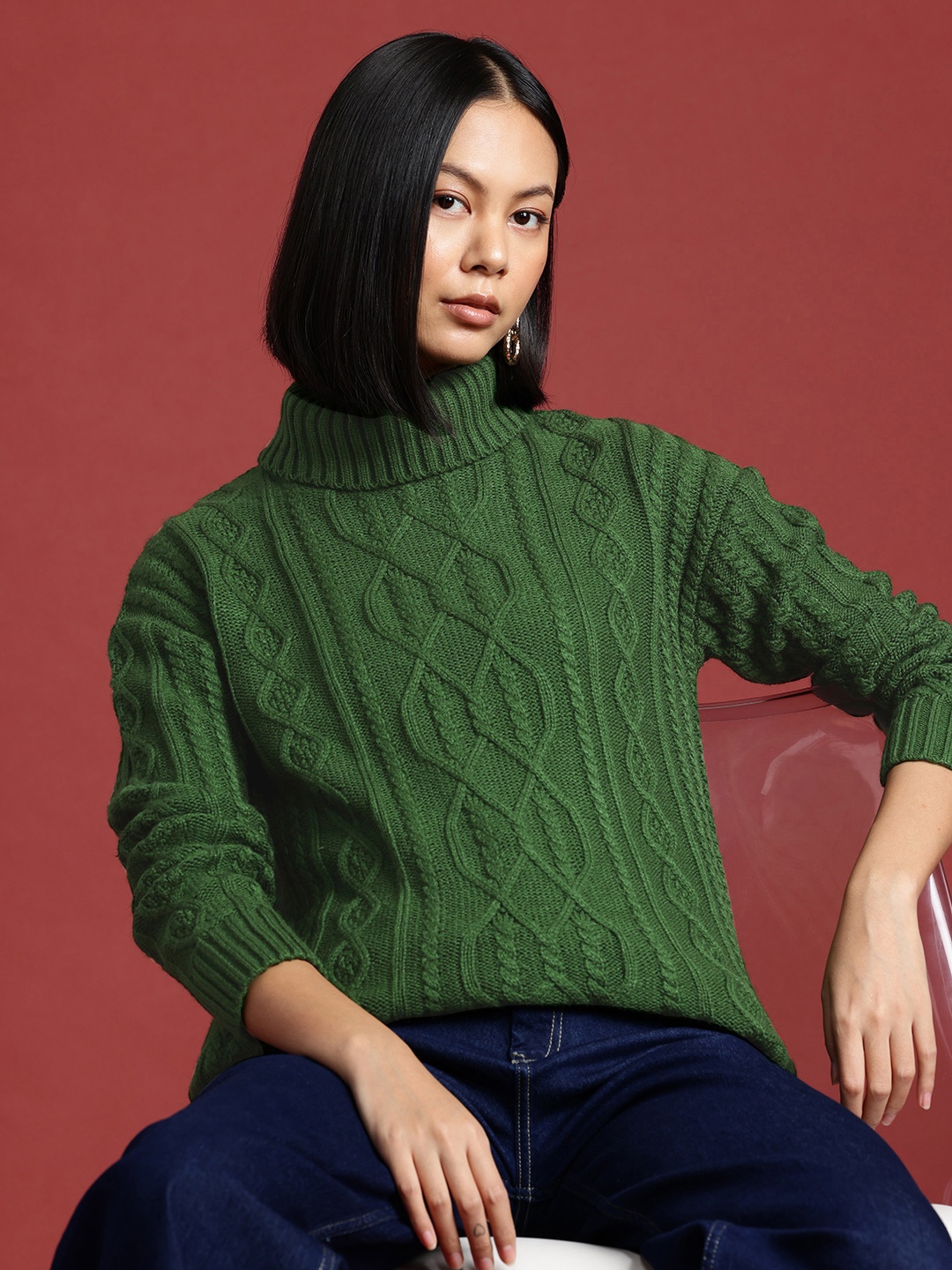 

all about you Cable Knit Self-Design Turtle-Neck Pullover, Green