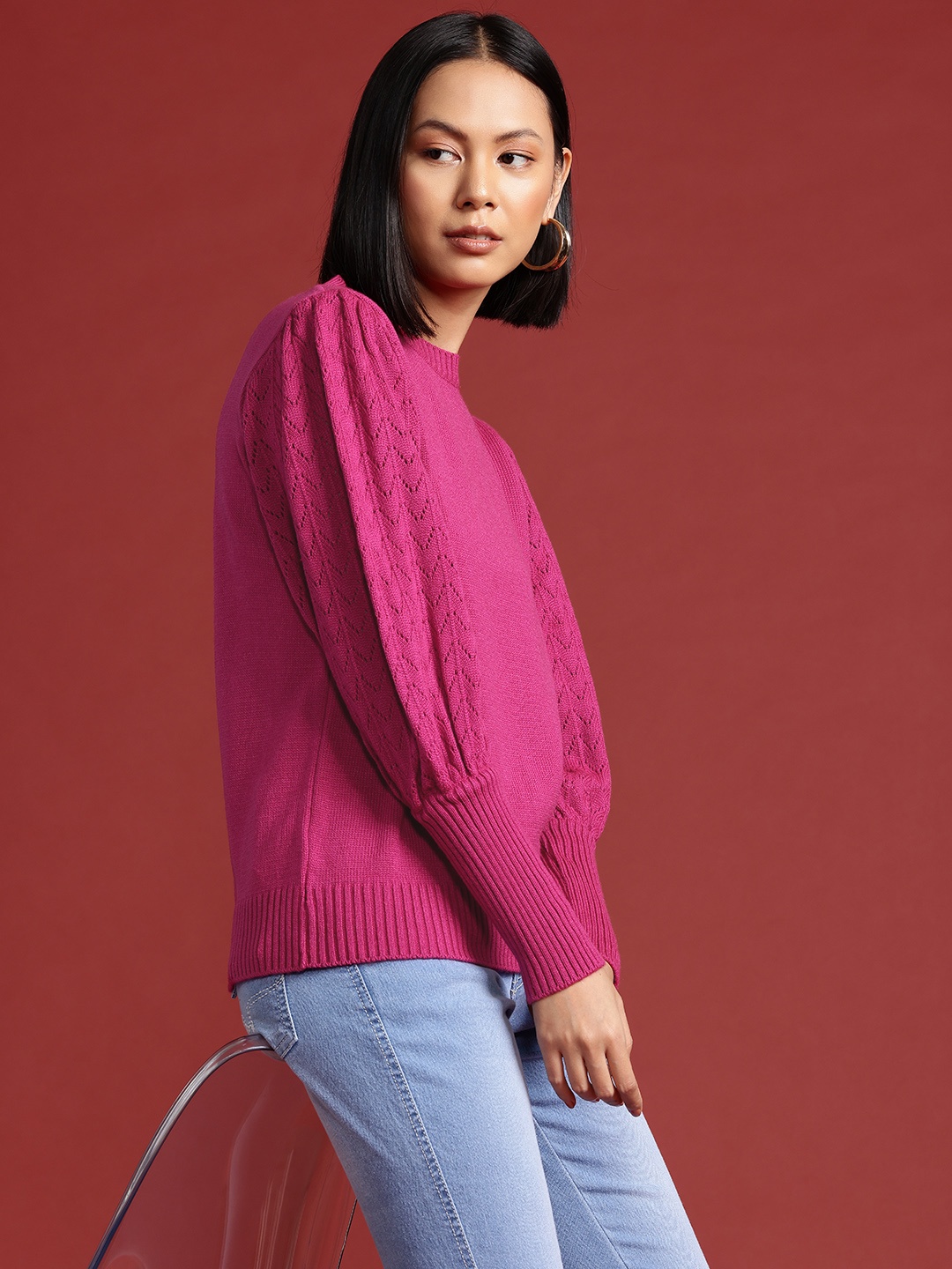 

all about you Knitted Puff Sleeves Pullover, Pink