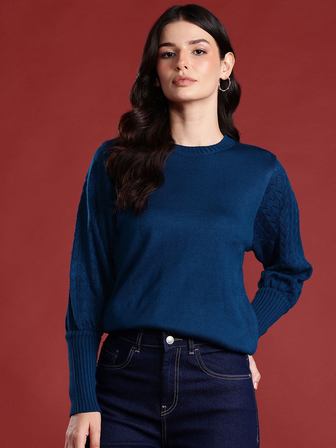 

all about you Knitted Detailing Pullover Sweaters, Navy blue