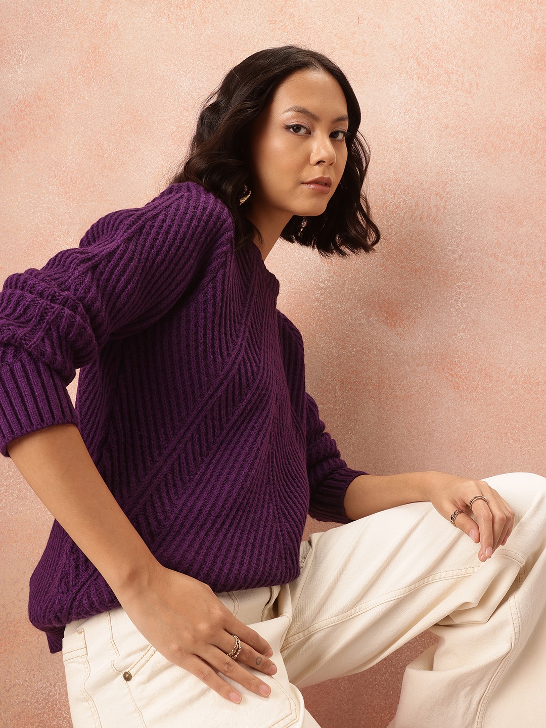 

all about you Ribbed Acrylic Longline Pullover, Purple
